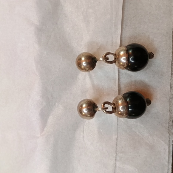 Black and Silver small Ball drop earrings pierced ears 925 Sterling silver - Picture 1 of 6